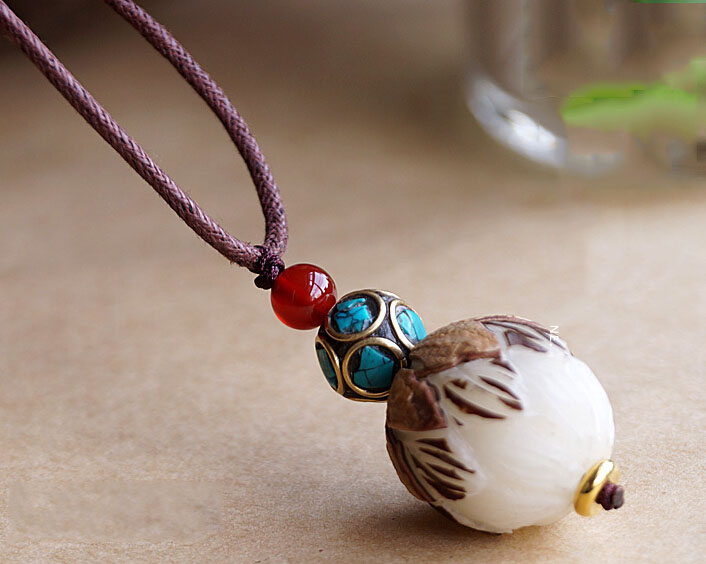 Handmade Exclusive Bodhi Seed With Half Peel Lotus Red Agate Turquoise Beads Pendant Necklace